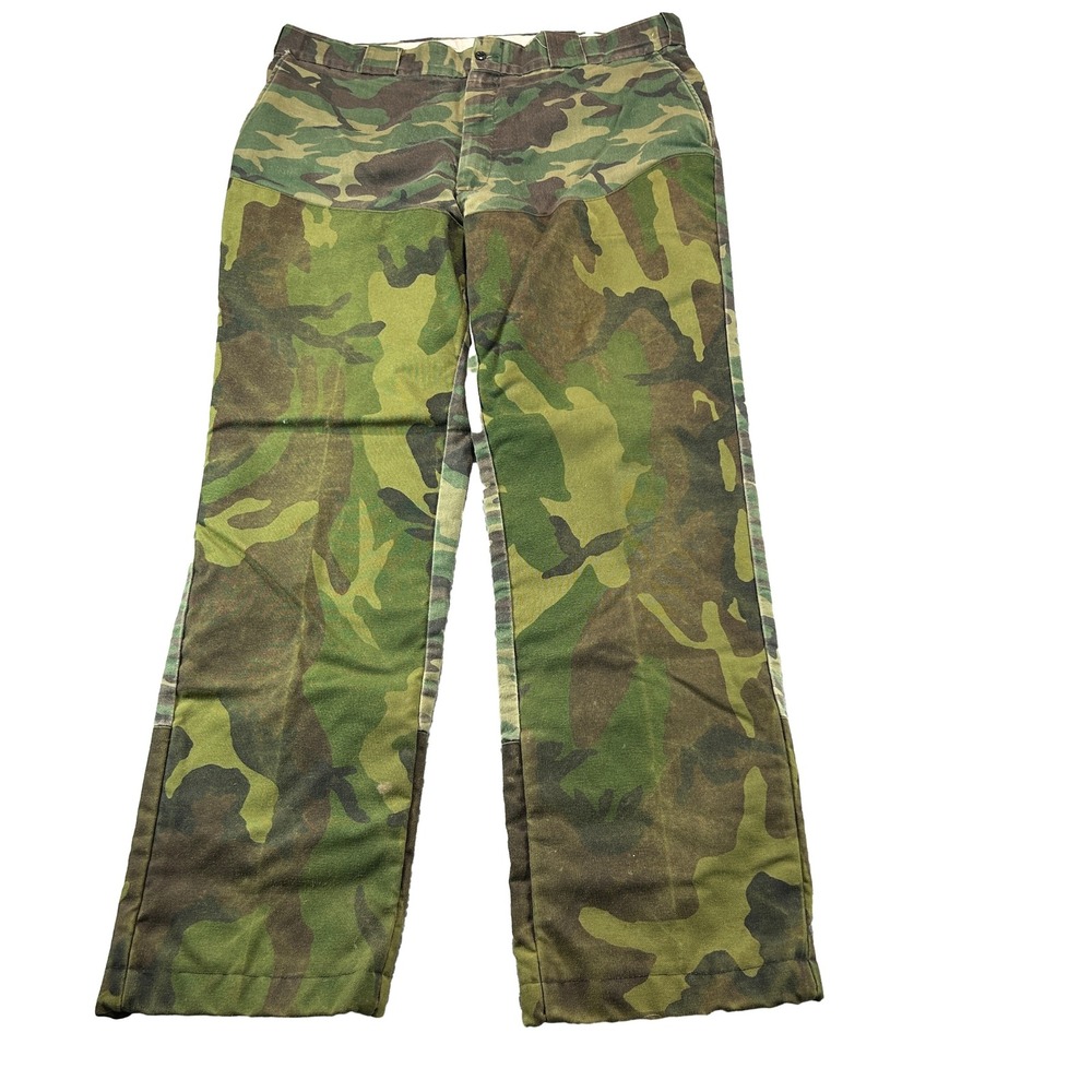 Vintage Cabela's Hunting Pants 40x31 Green Camo Flannel Lined Brush Guards USA